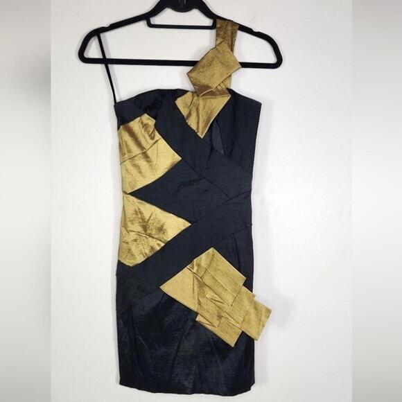 Cache VTG 80s Bodycon Dress Women’s 2 Origami One Shoulder Black Gold - Picture 1 of 5